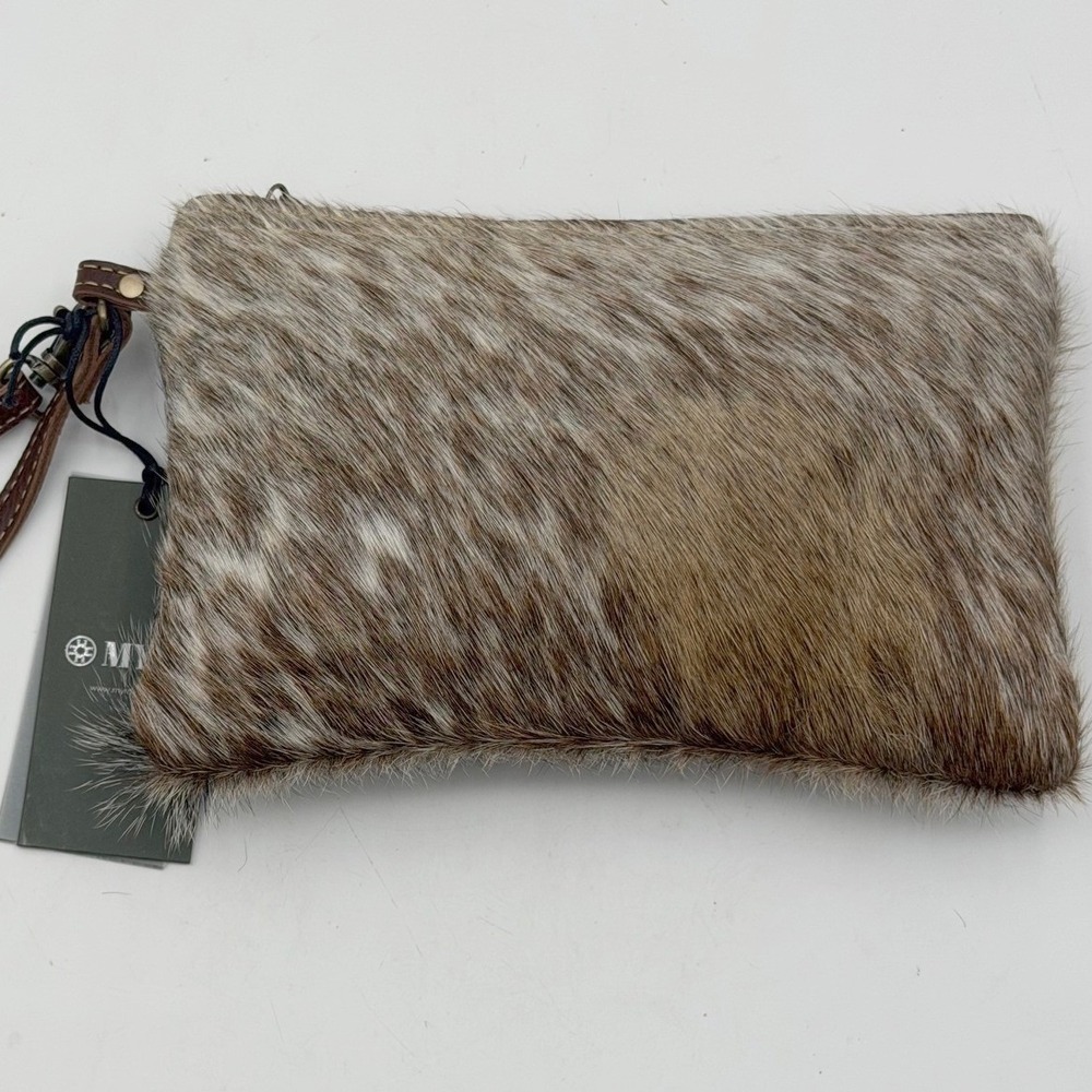 Myra Bag Cowhide Hair-on Wristlet Clutch Brown Grey White Natural S-1296 NEW